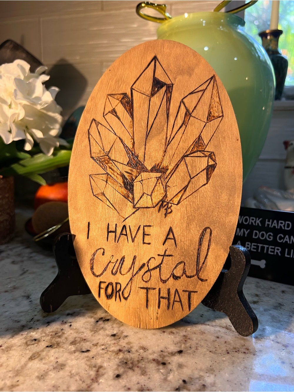 Handmade One of Kind Wooden Oval Crystal Lovers Sign - Natural Brown